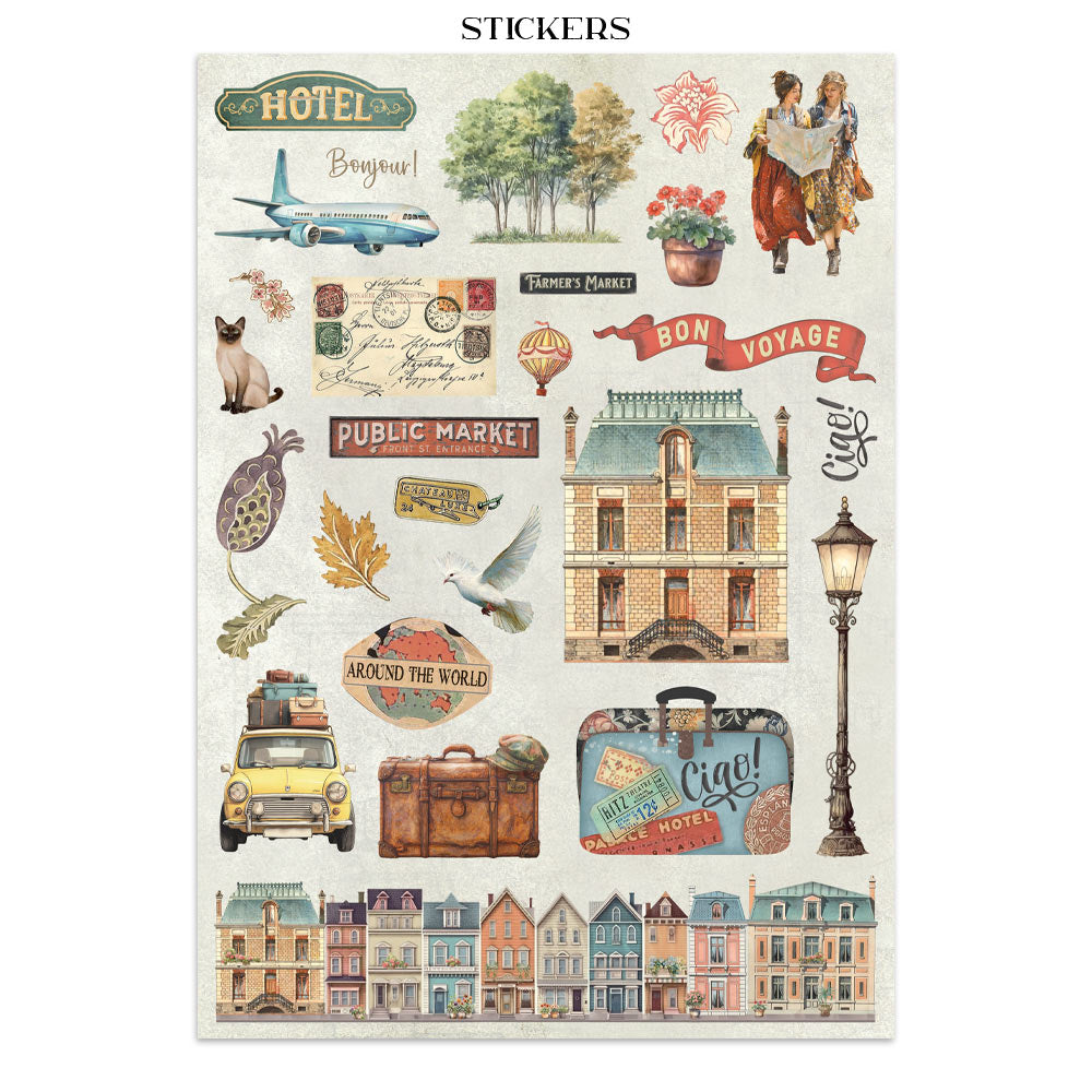 Collection of travel-themed stickers on a white background