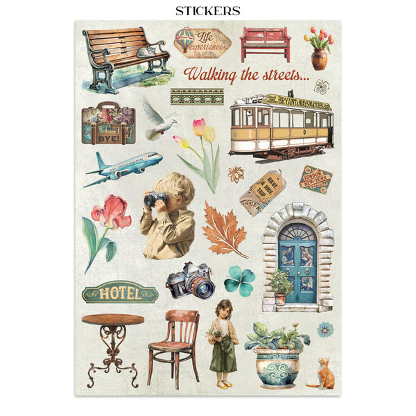 Collection of travel-themed stickers on a white background