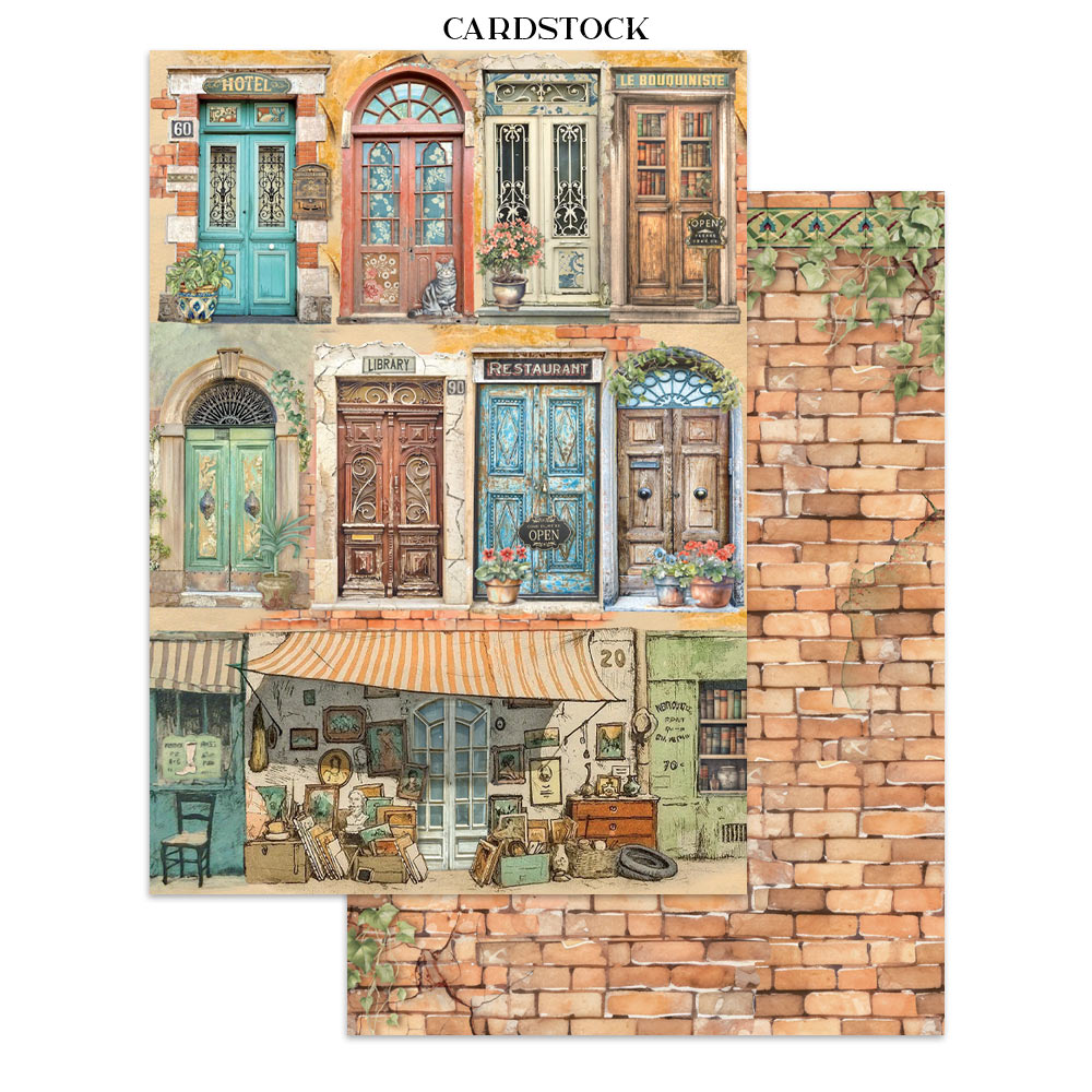 Cardstock with vintage street scene design featuring colorful doors and shops.