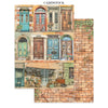 Cardstock with vintage street scene design featuring colorful doors and shops.