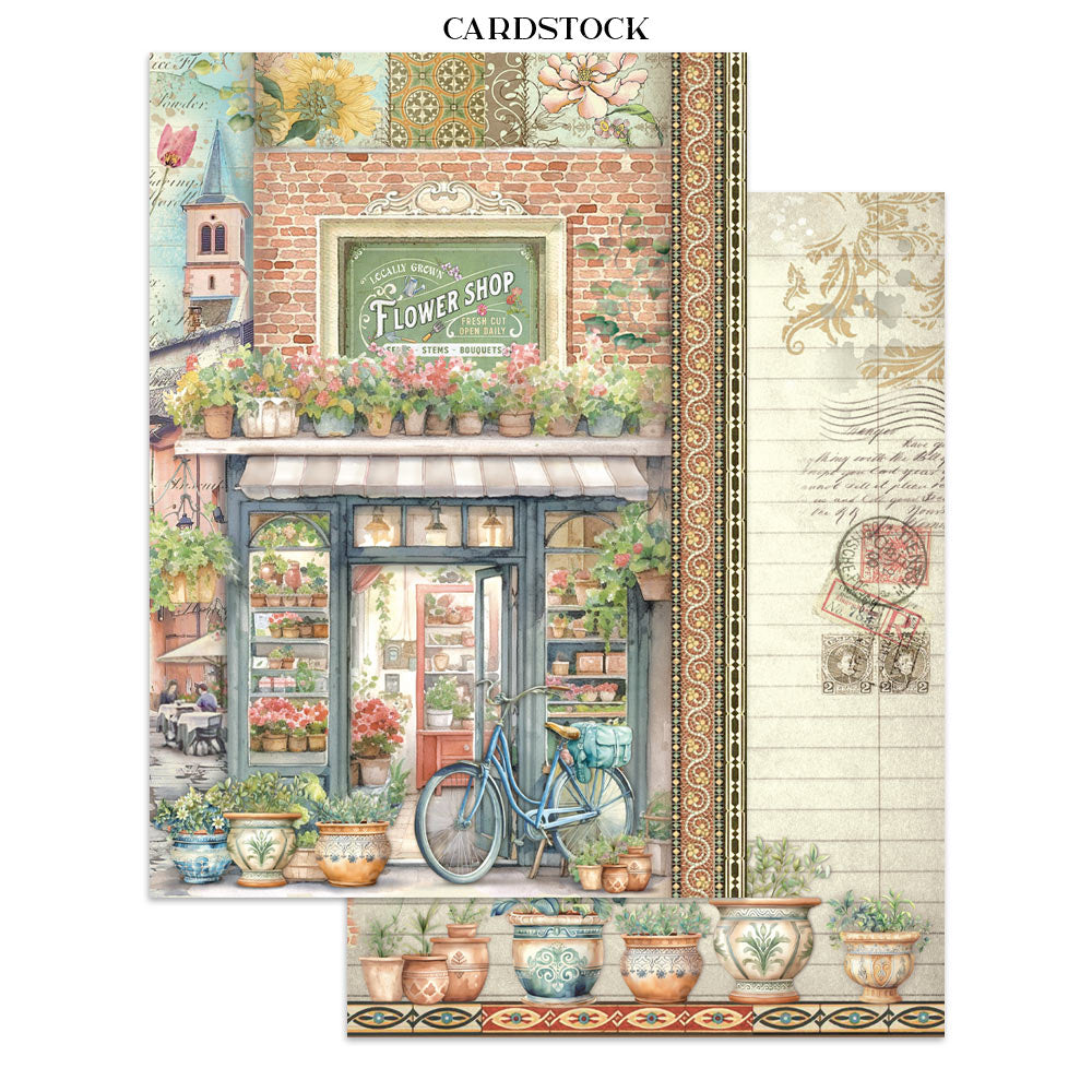 Cardstock with a floral shop design featuring a bicycle and potted plants.