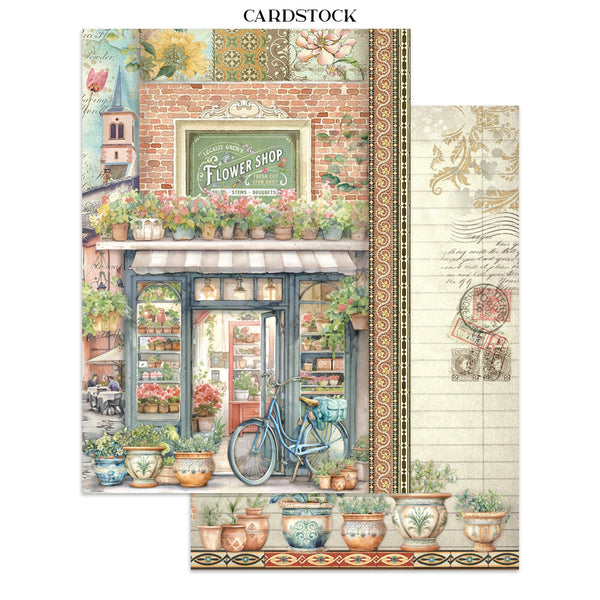 Cardstock with a floral shop design featuring a bicycle and potted plants.