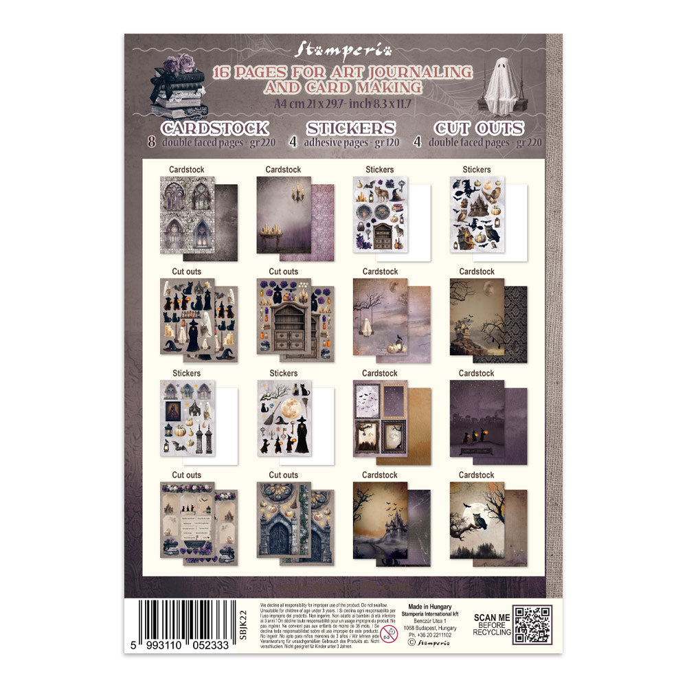 Package of Stamperia art journaling and card making supplies with various items displayed.
