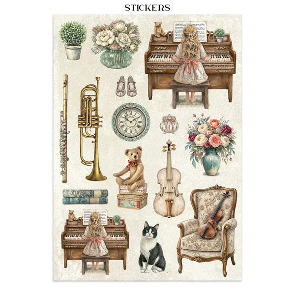 Stamperia SYMPHONY - A4 Junk Journal - Stickers Cut outs Backgrounds #SBJK24