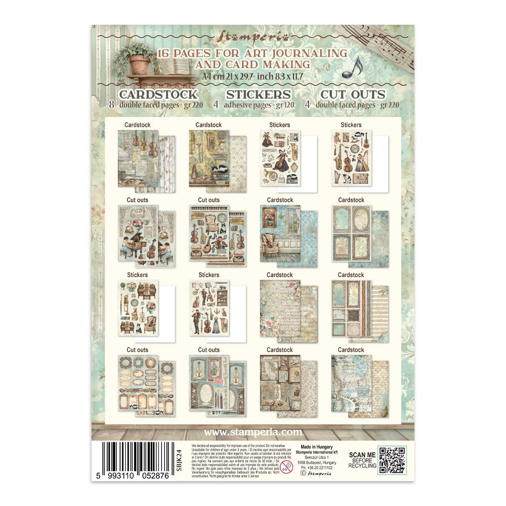 Stamperia SYMPHONY - A4 Junk Journal - Stickers Cut outs Backgrounds #SBJK24