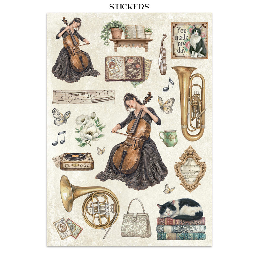 Stamperia SYMPHONY - A4 Junk Journal - Stickers Cut outs Backgrounds #SBJK24