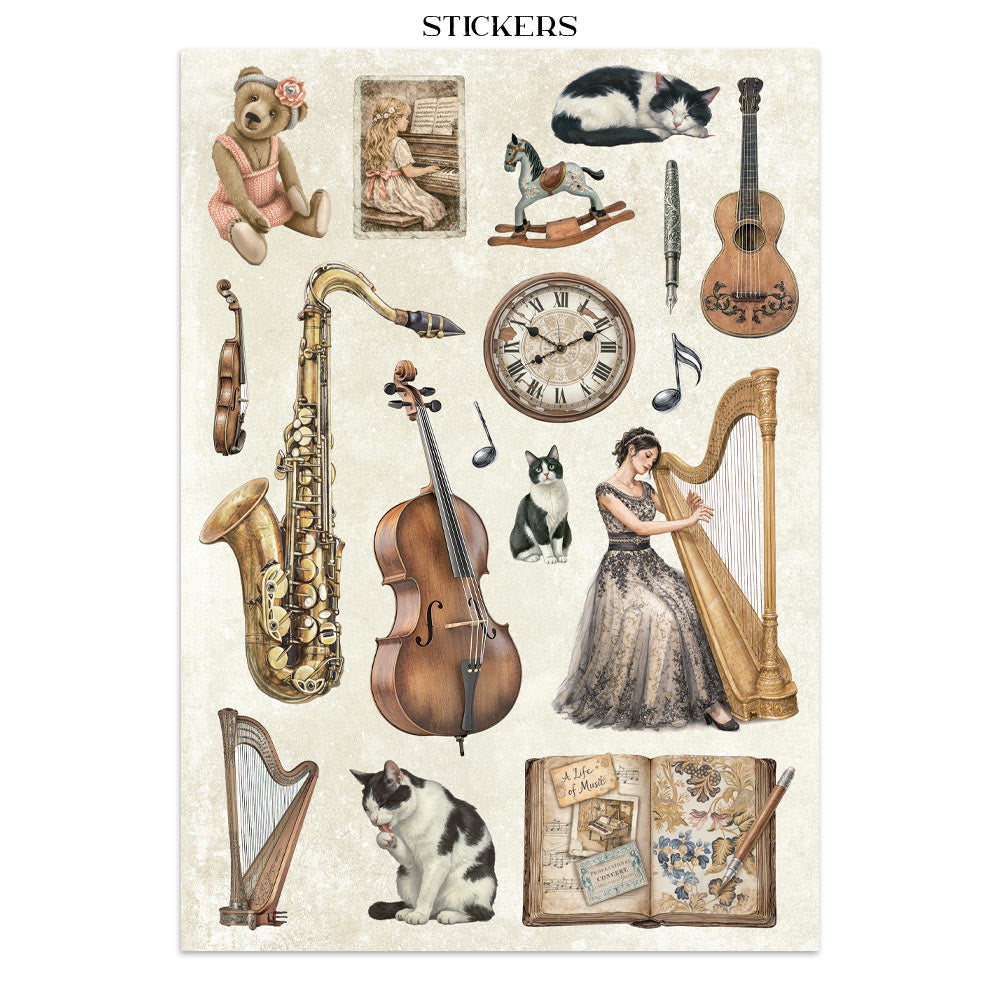 Stamperia SYMPHONY - A4 Junk Journal - Stickers Cut outs Backgrounds #SBJK24