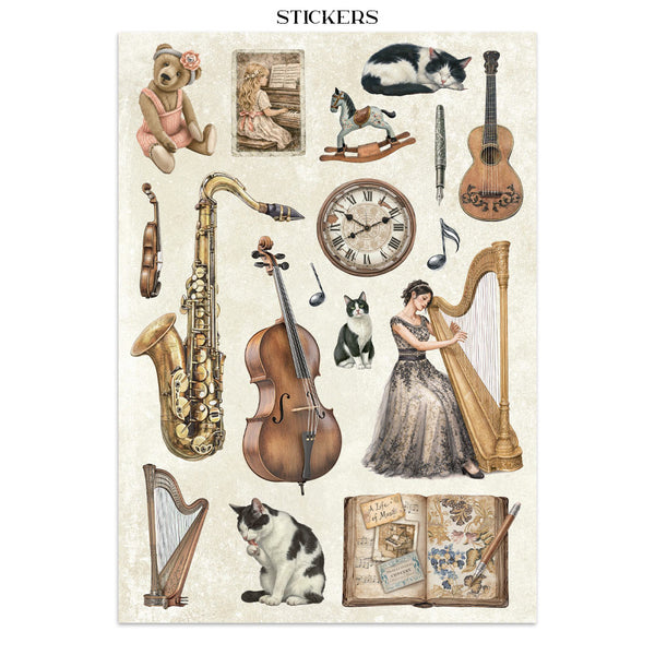 Stamperia SYMPHONY - A4 Junk Journal - Stickers Cut outs Backgrounds #SBJK24
