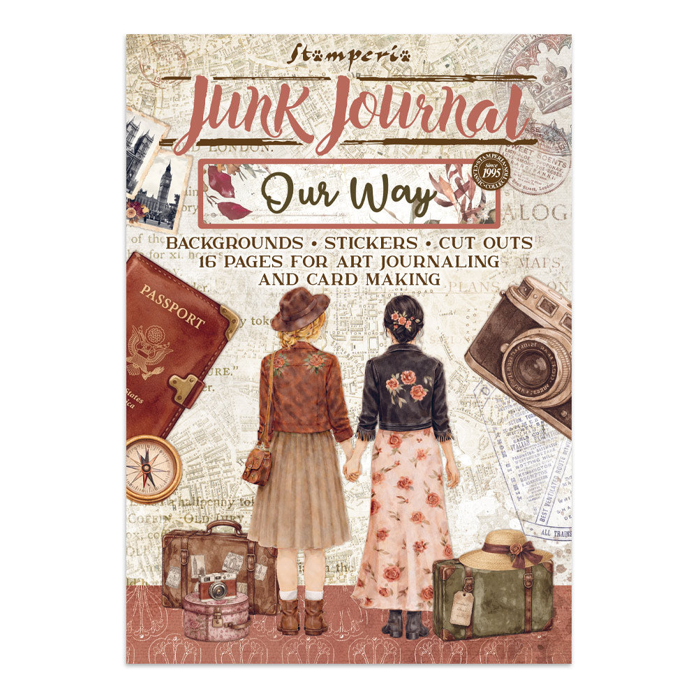Junk Journal 'Our Way' art journaling and card making kit cover, featuring vintage travel illustrations including two women from behind, luggage, a passport, a camera, and maps.