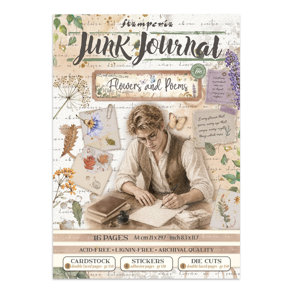 Front cover of a Stampenz 'Junk Journal' paper pack titled 'Flowers and Poems'. The cover features vintage-style illustrations, including a young woman writing in a journal, flowers, leaves, butterflies, and handwritten notes on a beige background.