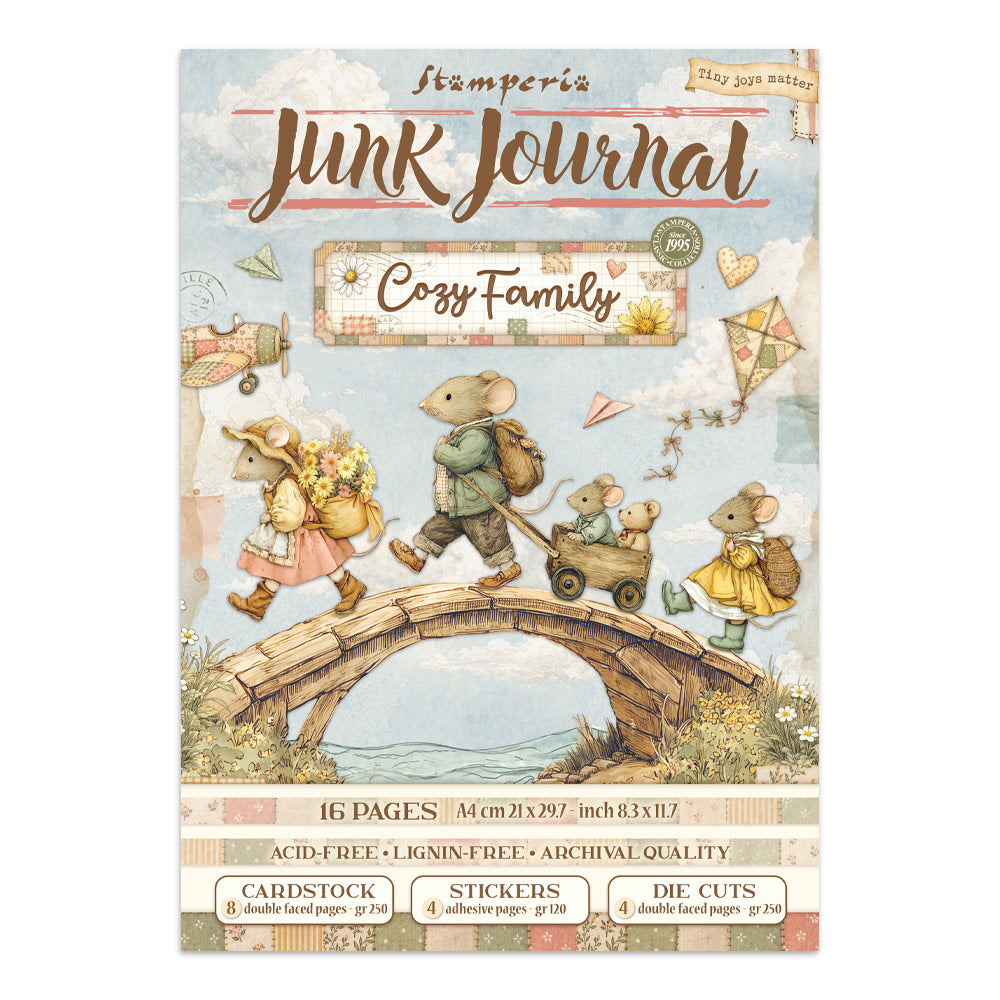 Stamperia 'Junk Journal' Cozy Family stamping paper pack, featuring a vintage-style illustration of mice crossing a stone bridge over water, with a light blue sky background and decorative elements like a small airplane and kite.