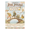 Stamperia 'Junk Journal' Cozy Family stamping paper pack, featuring a vintage-style illustration of mice crossing a stone bridge over water, with a light blue sky background and decorative elements like a small airplane and kite.