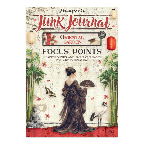Stamperia Junk Journal with oriental garden design featuring a woman in a kimono.