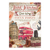Front cover of a stamperia 'Junk Journal' art journal titled 'Our Way Focus Points'. The cover features a collage of vintage travel-themed illustrations including a red double-decker bus, a classic building facade, stacked suitcases, brown leather boots, a vintage camera, and postcards on a textured cream background.