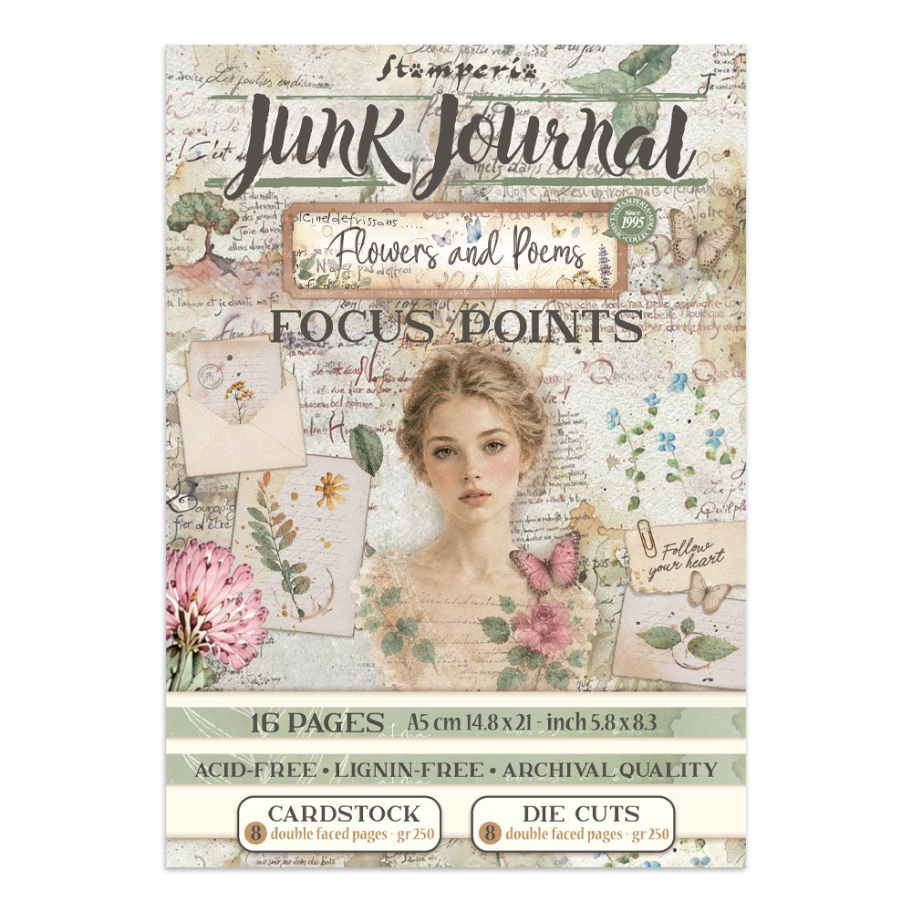 Front cover of a stamperia Junk Journal 'Flowers and Poems' Focus Points cardstock pack, showing a vintage-style illustrated woman, floral artwork, handwritten notes, and product details including 16 pages, dimensions, and die cut features.