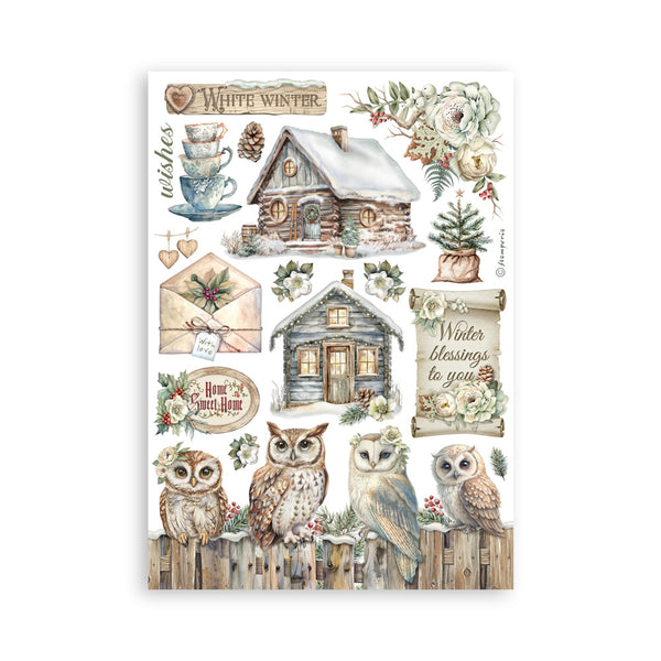 Sheet of winter-themed stickers with snowy cabin, owls, and floral elements on a white background.