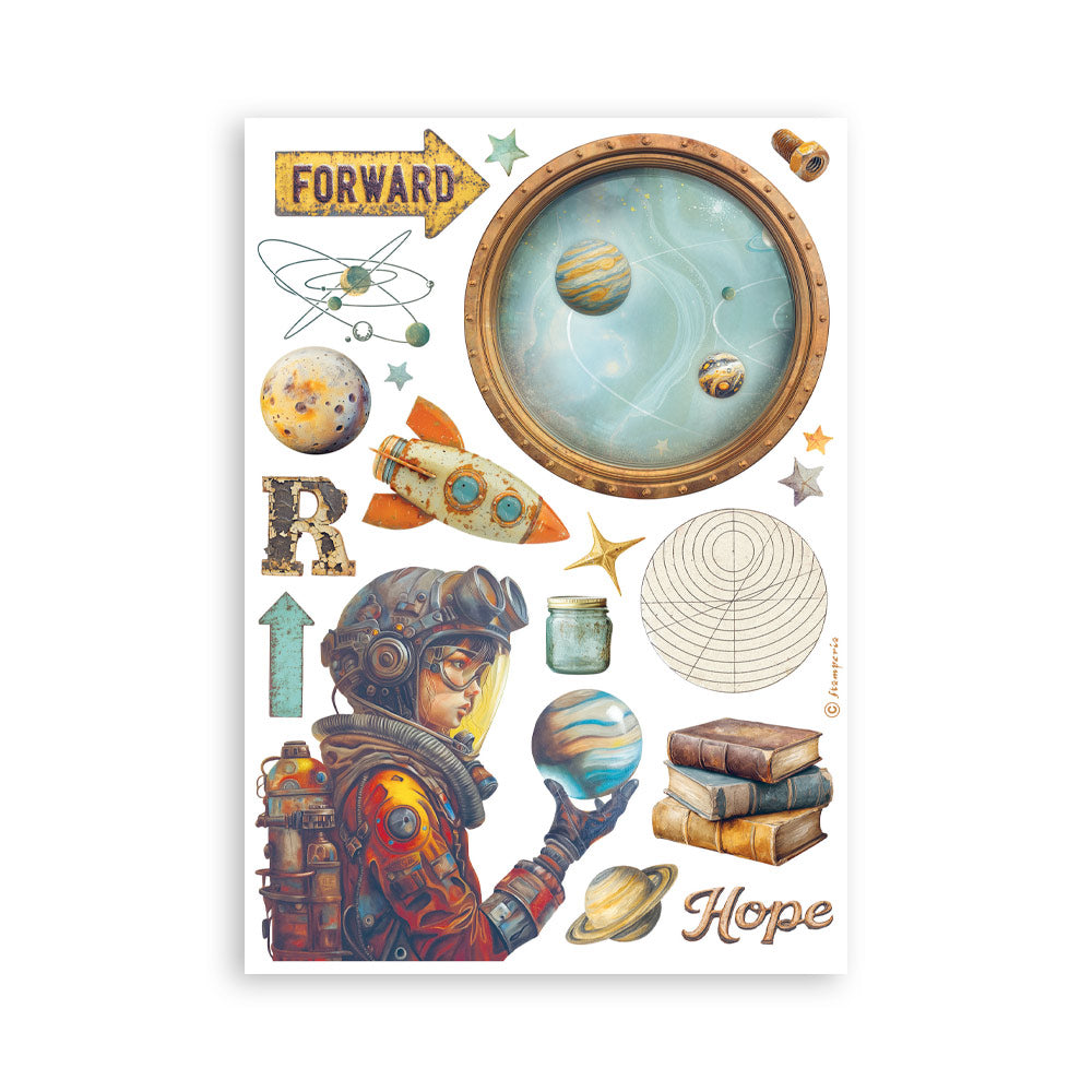 Space-themed sticker sheet with astronaut, planets, and motivational phrases on a white background