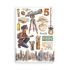 Illustrated poster with a person, telescope, cityscape, and various objects on a white background