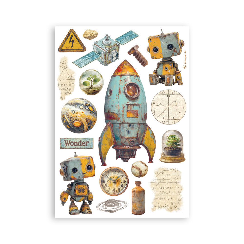 Collection of vintage-style space-themed stickers featuring rockets, robots, and scientific symbols on a white background.