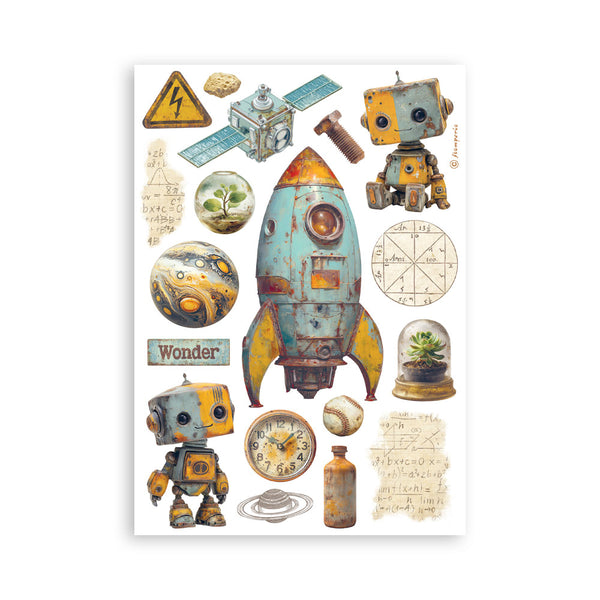 Collection of vintage-style space-themed stickers featuring rockets, robots, and scientific symbols on a white background.