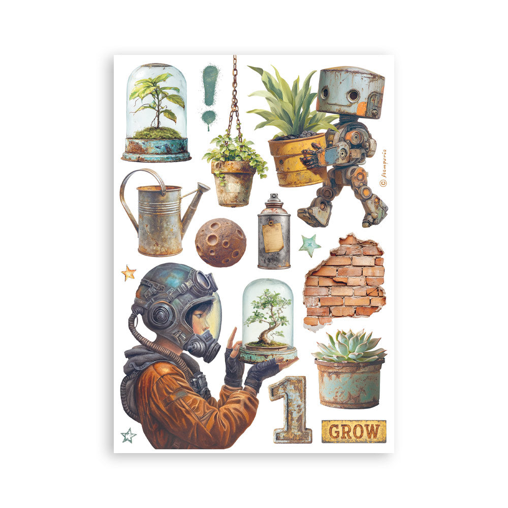 Collection of decorative stickers featuring a robot, plants, and a person in a gas mask on a white background.