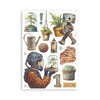 Collection of decorative stickers featuring a robot, plants, and a person in a gas mask on a white background.