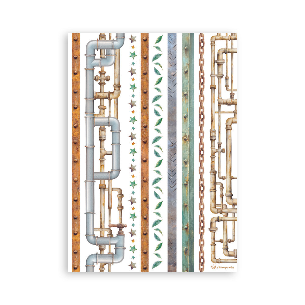Decorative design with pipes and chains on a white background