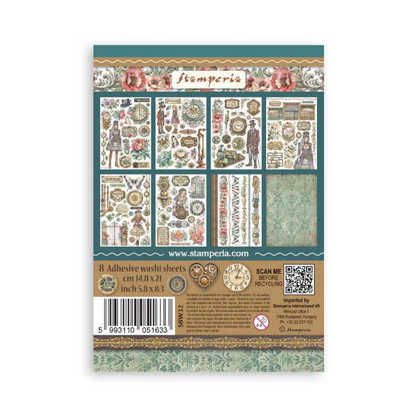 Packaging of Stamperia adhesive washi sheets with decorative designs and branding.