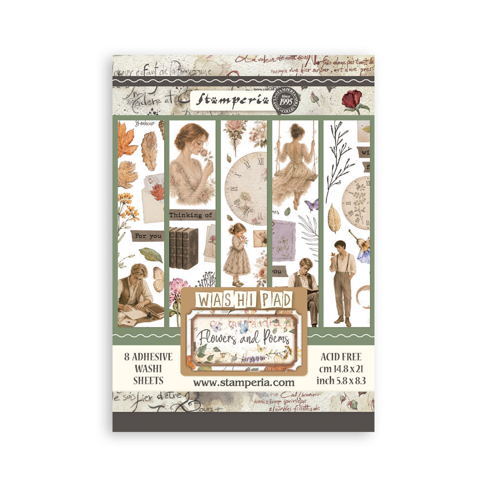 Stamperia Washi Pad Flowers and Poems collection, featuring a sheet of vintage-themed adhesive washi tapes with illustrations of women, men, clocks, books, leaves, and decorative text on a white background.