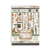 Stamperia Washi Pad Flowers and Poems collection, featuring a sheet of vintage-themed adhesive washi tapes with illustrations of women, men, clocks, books, leaves, and decorative text on a white background.