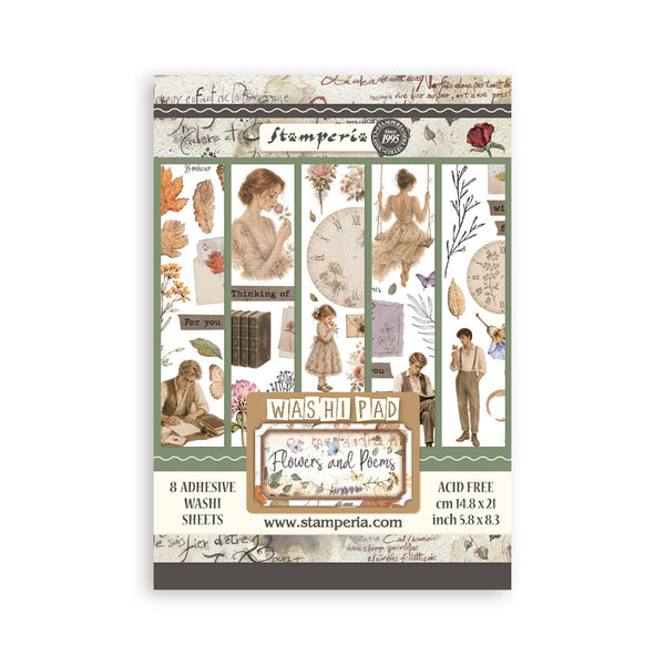 Stamperia Washi Pad Flowers and Poems collection, featuring a sheet of vintage-themed adhesive washi tapes with illustrations of women, men, clocks, books, leaves, and decorative text on a white background.
