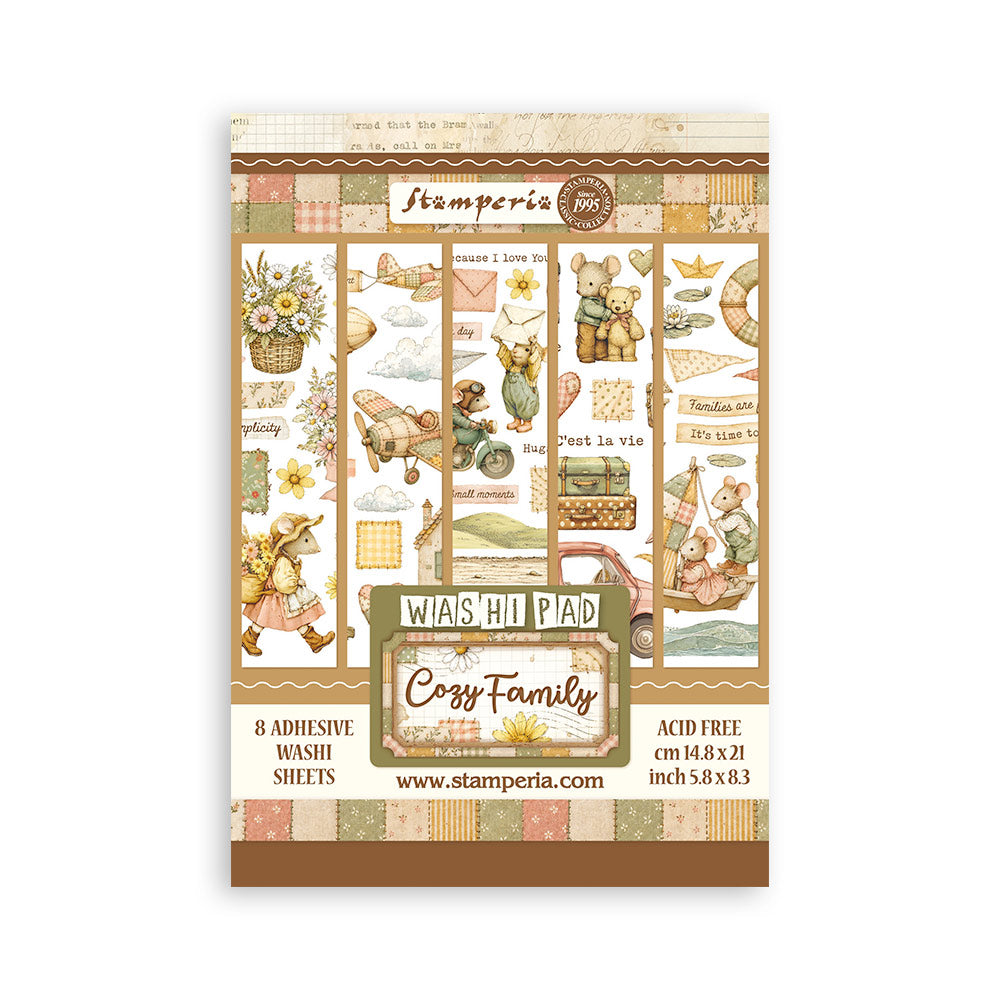 A Stamperia 'Cozy Family' washi pad sheet featuring vintage-style illustrations of teddy bears, a bicycle, a basket of flowers, and retro travel motifs in warm beige, brown, cream, and muted green tones.
