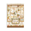 A Stamperia 'Cozy Family' washi pad sheet featuring vintage-style illustrations of teddy bears, a bicycle, a basket of flowers, and retro travel motifs in warm beige, brown, cream, and muted green tones.
