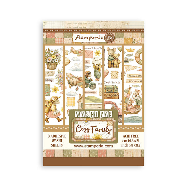 A Stamperia 'Cozy Family' washi pad sheet featuring vintage-style illustrations of teddy bears, a bicycle, a basket of flowers, and retro travel motifs in warm beige, brown, cream, and muted green tones.