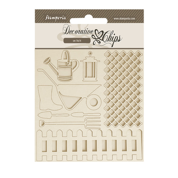 Stamperia Decorative Chips GARDEN TOOLS 5.5" x 5.5" #SCB214