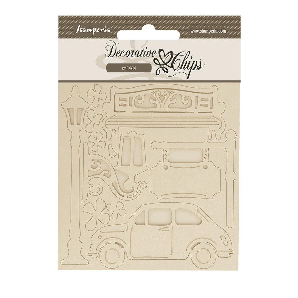 Stamperia ART OF TRAVELLING - CAR Decorative Chips 5.5