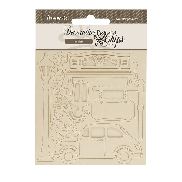 Stamperia ART OF TRAVELLING - CAR Decorative Chips 5.5"x5.5" #SCB250