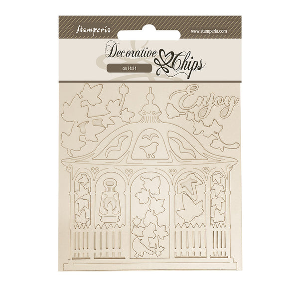 PRE-ORDER Stamperia HOUSE OF ROSES - GAZEBO Decorative Chips 5.5"x5.5" #SCB259