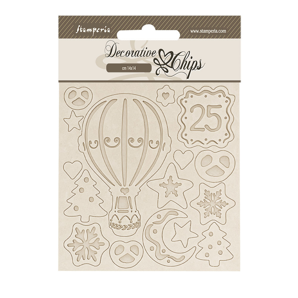 Decorative chips with hot air balloon, stars, and numbers on a beige background