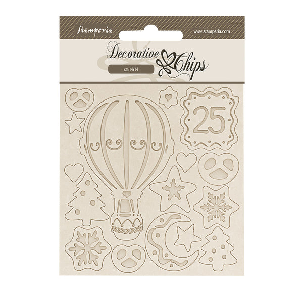 Decorative chips with hot air balloon, stars, and numbers on a beige background