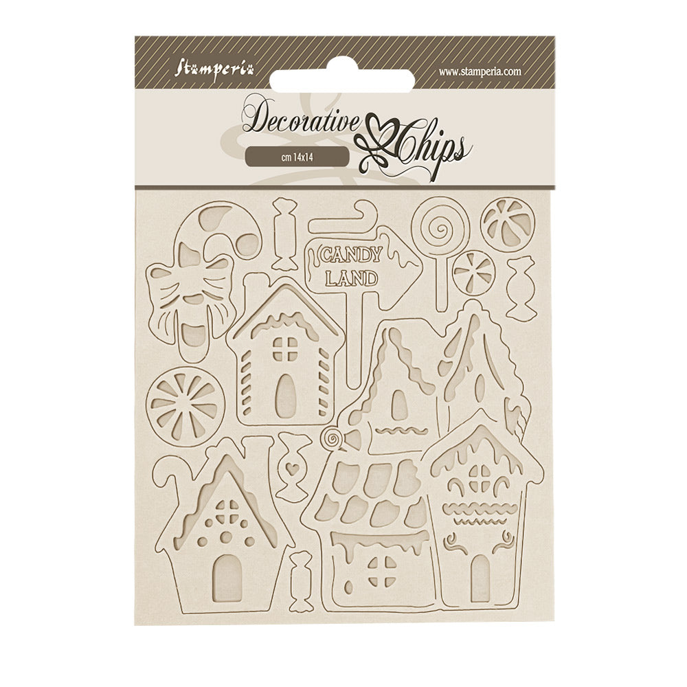 Decorative chips packaging with gingerbread house designs on a white background
