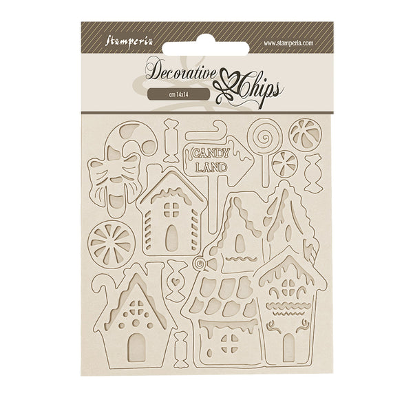 Decorative chips packaging with gingerbread house designs on a white background