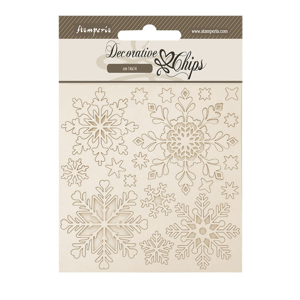 Decorative chips with snowflake designs on a beige background, featuring Stampendous branding.