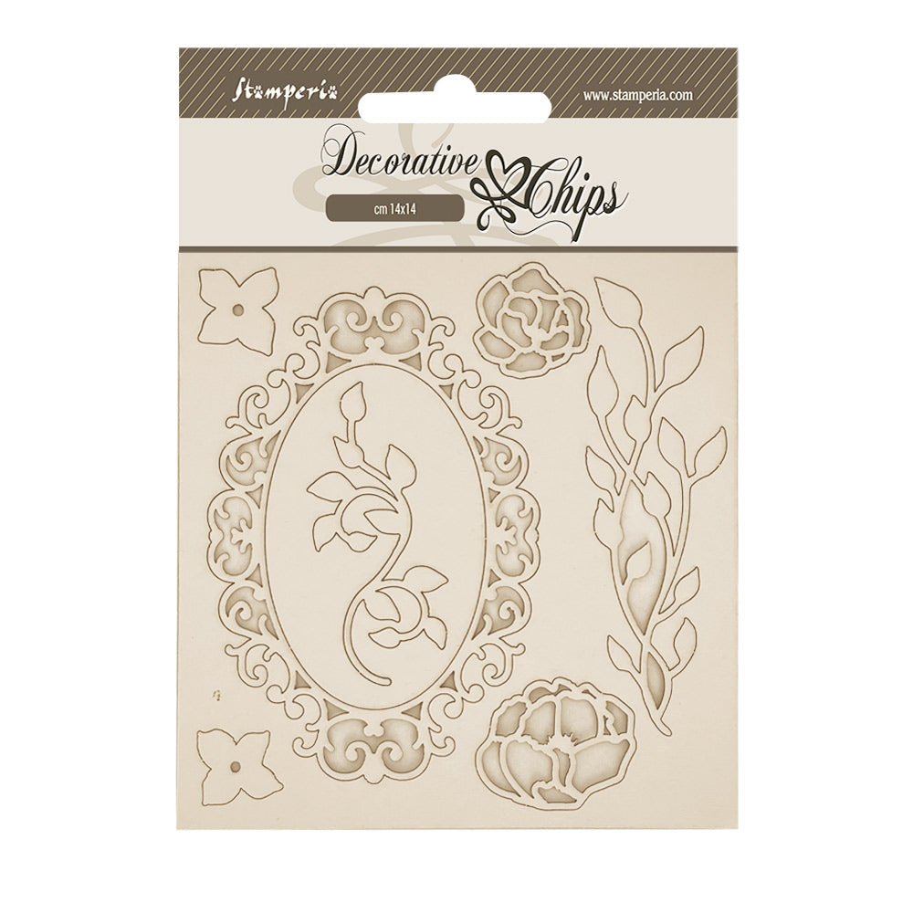 Decorative chips packaging with floral and ornamental designs on a beige background