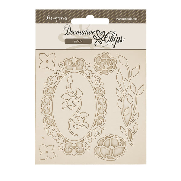 Decorative chips packaging with floral and ornamental designs on a beige background