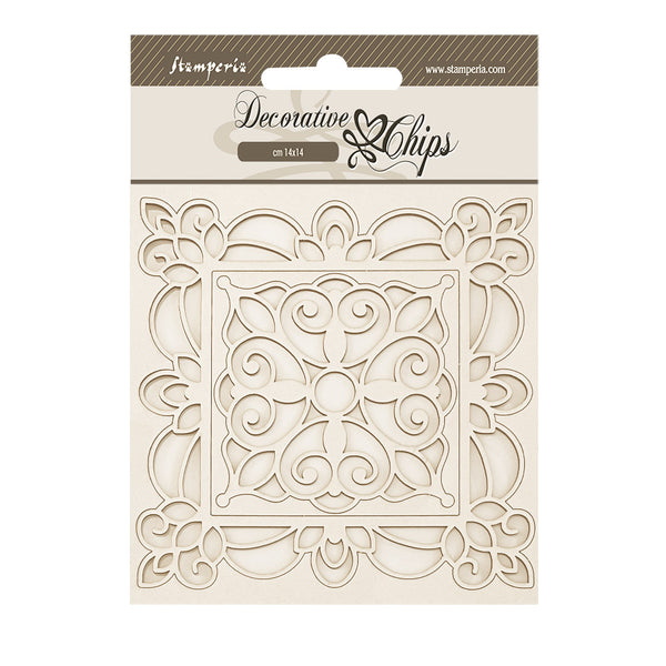 Decorative chip with intricate design on a Stampperia packaging