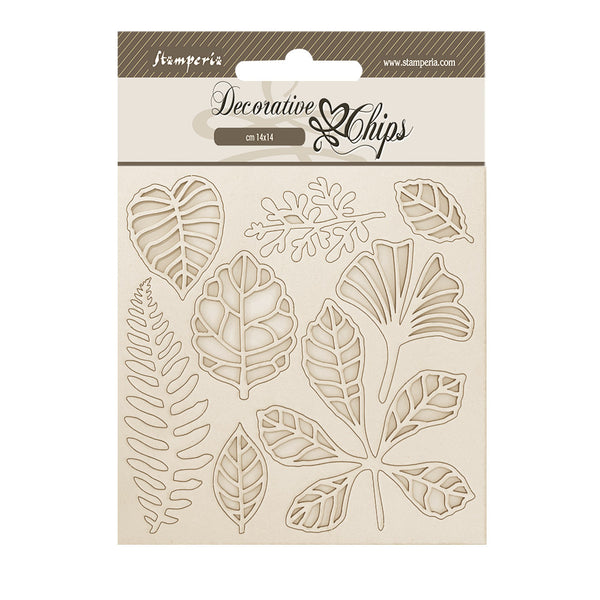 Packaging of decorative leaf-shaped chips with Stampperia branding on a beige background