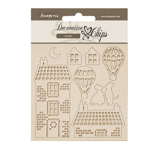 Stamperia Decorative Chips FAMILY - HOUSE and BALLOONS 5.5" x 5.5" #SCB281