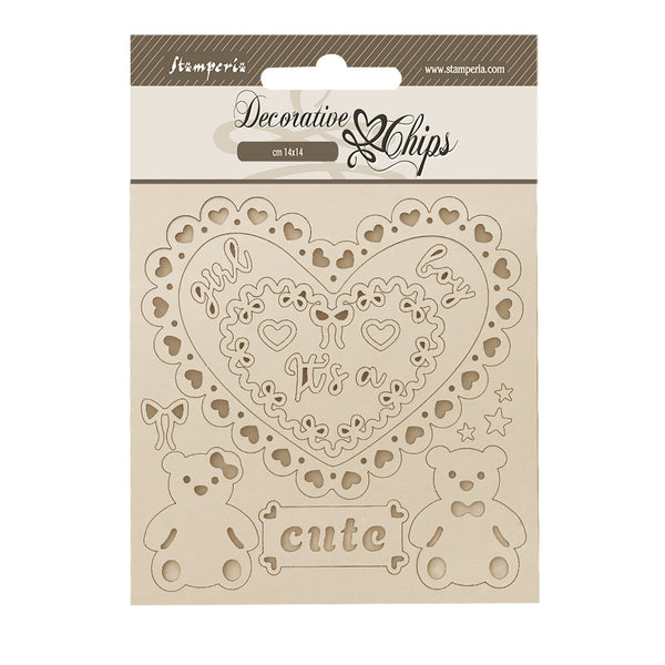 Stamperia Decorative Chips BABY - HEART and BEARS 5.5" x 5.5" #SCB283