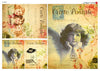 A collage of vintage-style postcard designs with floral illustrations, sepia backgrounds, and illustrated portraits of children. The postcards feature decorative text reading 'Carte Postale' and 'Seasons' with a circular stamp motif.